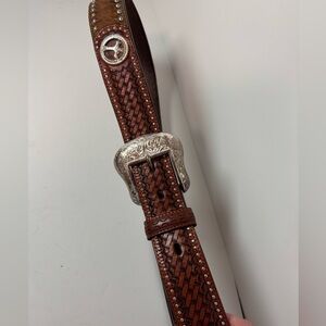 Ranger Belt co Brown Hand Tooled Leather Belt with Silver Buckle
